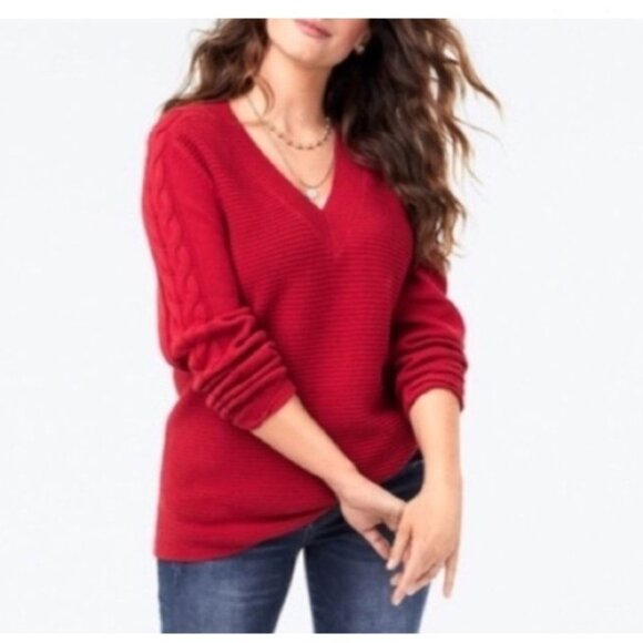 Cabi standout Red V-Neck Sweater size large ribbed Cable Knit Sleeves womens - Picture 1 of 12